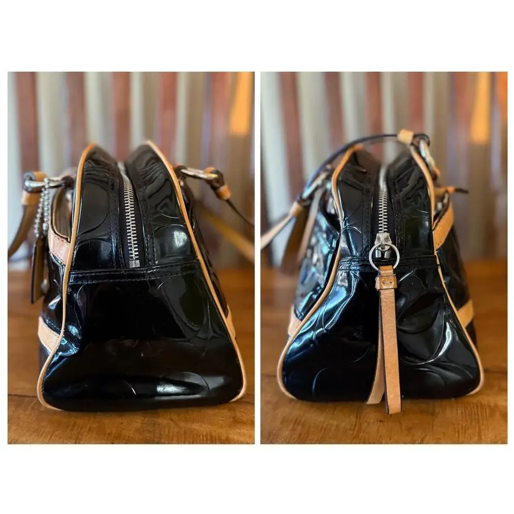 Coach Peyton Signature Embossed Patent Leather Satchel Black/Tan